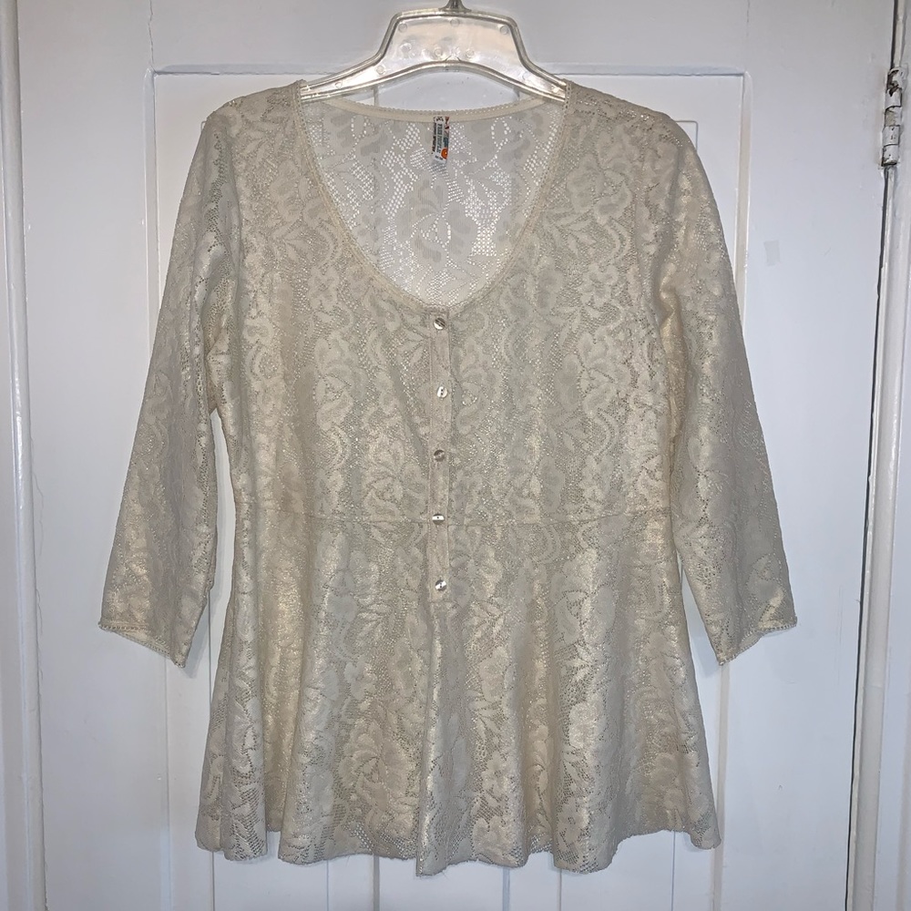 Free People Metallic Ivory Lace Peplum Henley